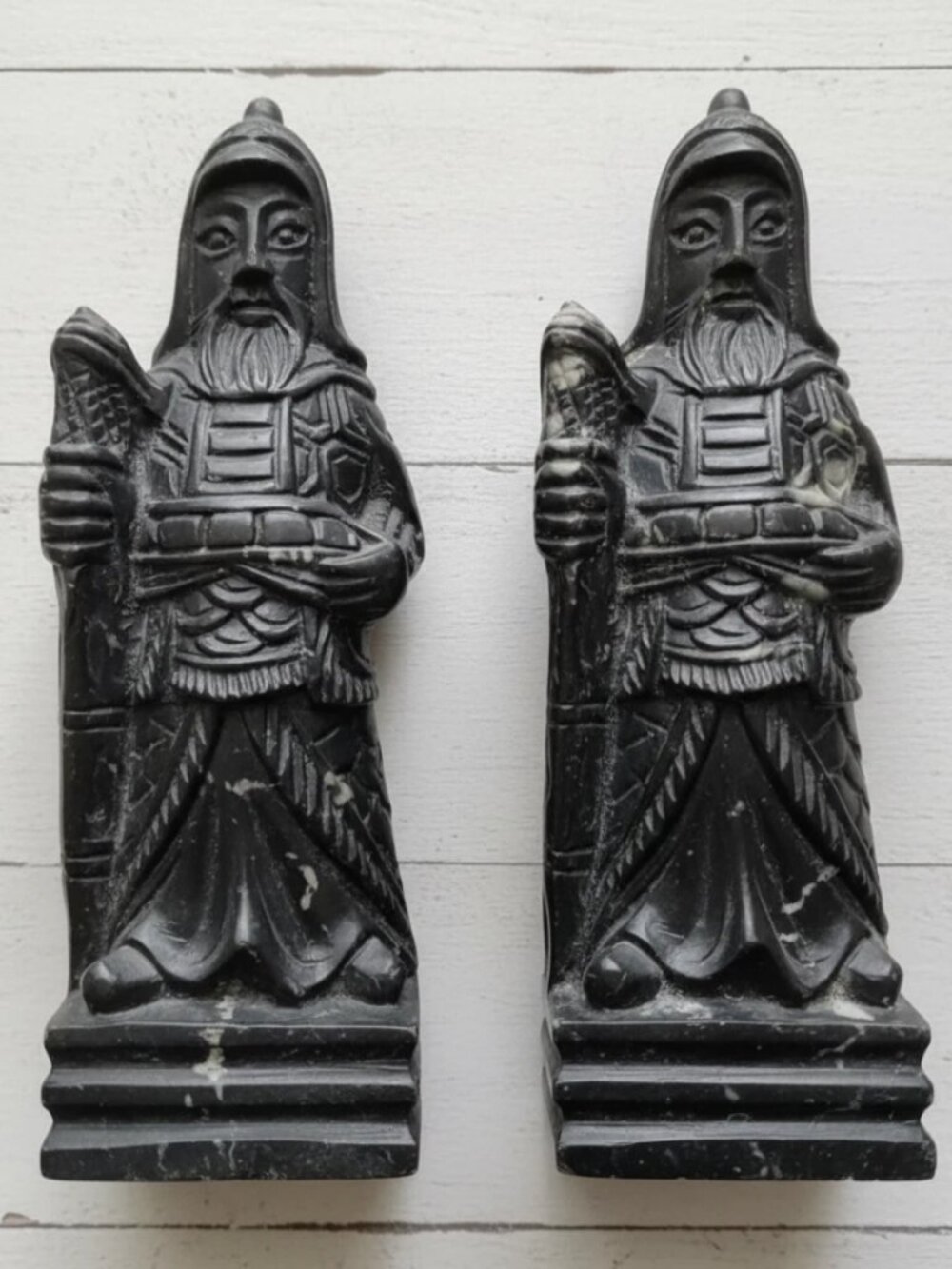 RARE Black and White Stone Carved Chinese Chess Statue Figures, Set of 2